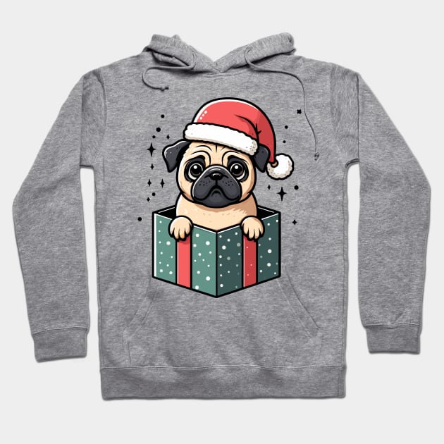 Pug In Present Dog Christmas Festive Santa Hat Hoodie by Francois Ringuette